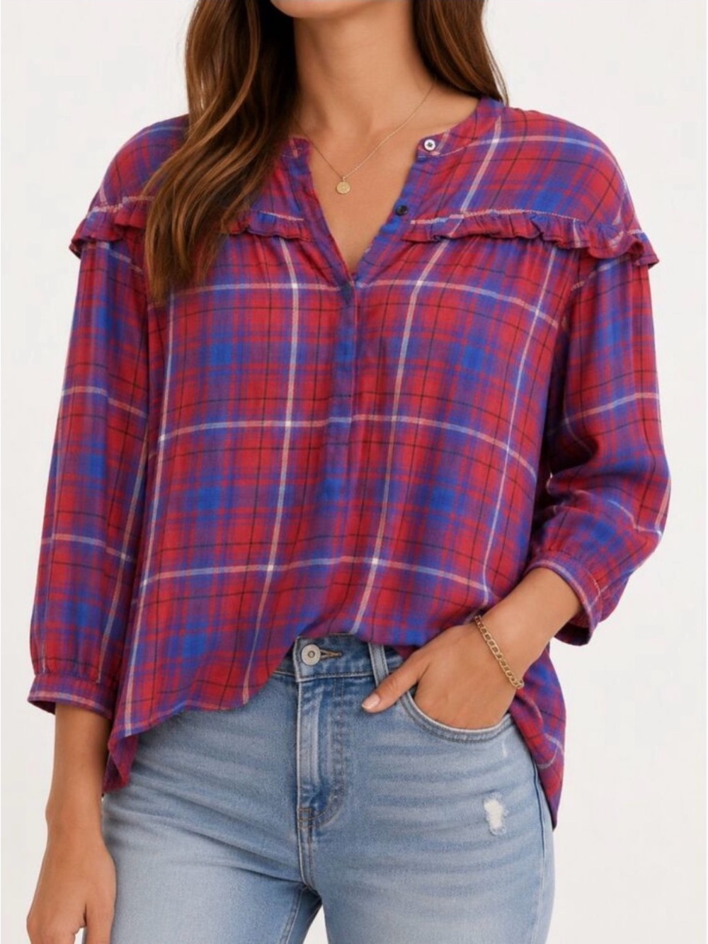 Madewell Red & Blue Plaid Ruffle Yoke Henley Top